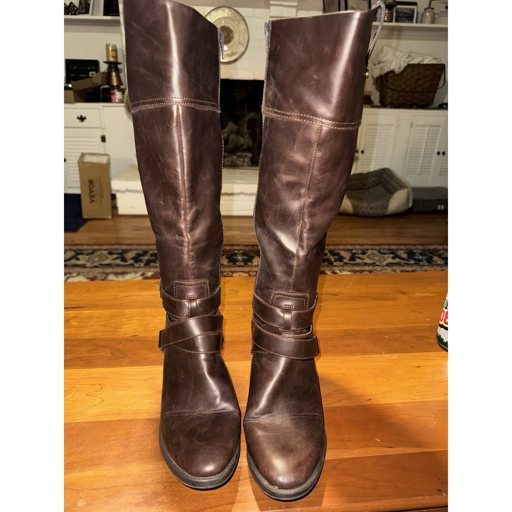 Merona Brown Buckled Faux Leather Knee-High Riding Boots Women's Size 9.5